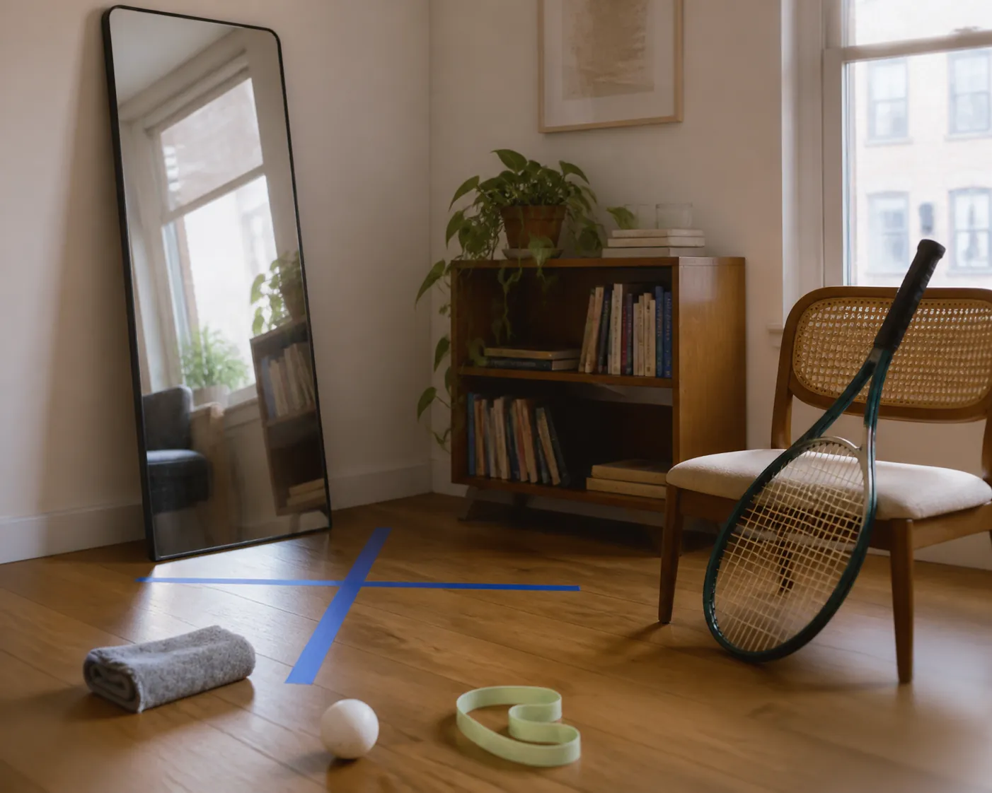 Small apartment corner arranged for tennis serve practice with mirror, painter's tape, towel, foam ball, resistance band, and racket