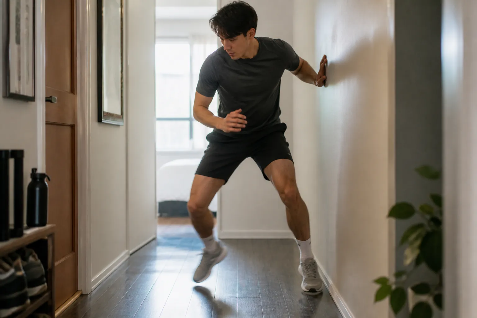 A person doing quick lateral footwork taps near a wall in a narrow apartment hallway