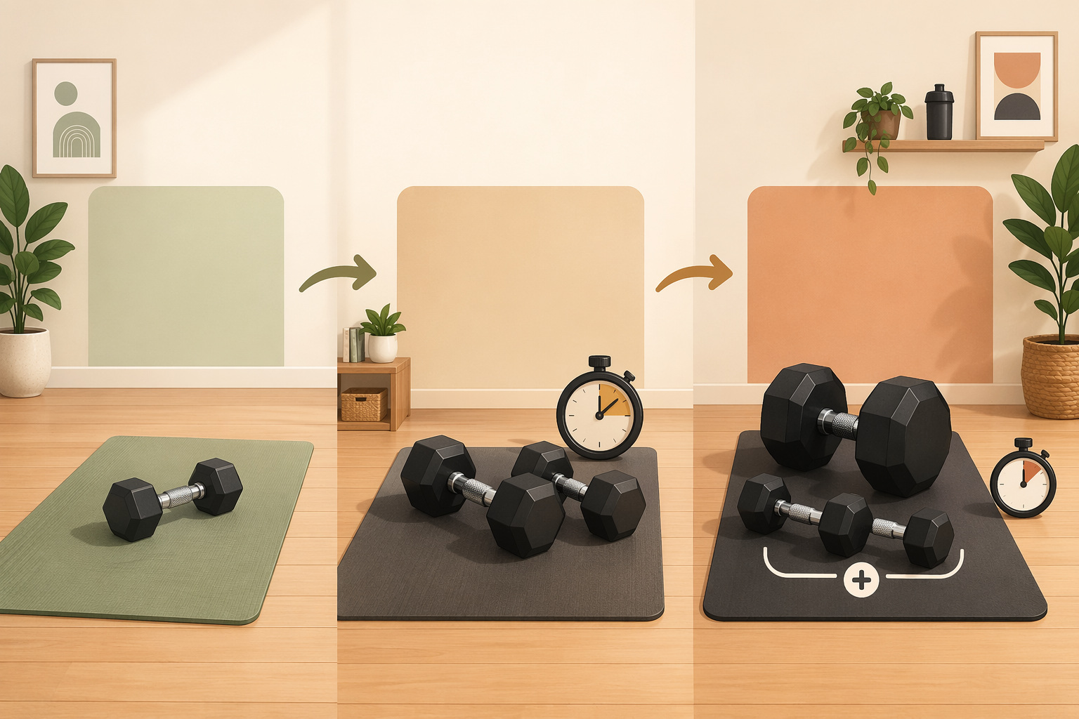 A clean editorial illustration showing three workout setups arranged left to right. Left (beginner): one medium dumbbell on a mat. Center (intermediate): two slightly larger dumbbells with a timer icon. Right (advanced): a pair of larger dumbbells with a superset visual and a smaller timer icon. Upward arrows connect columns.