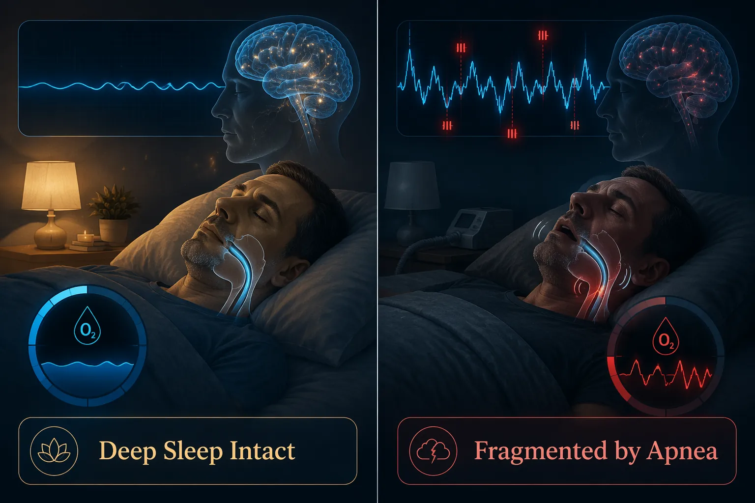 Illustration comparing steady restorative sleep with fragmented sleep and oxygen desaturation markers