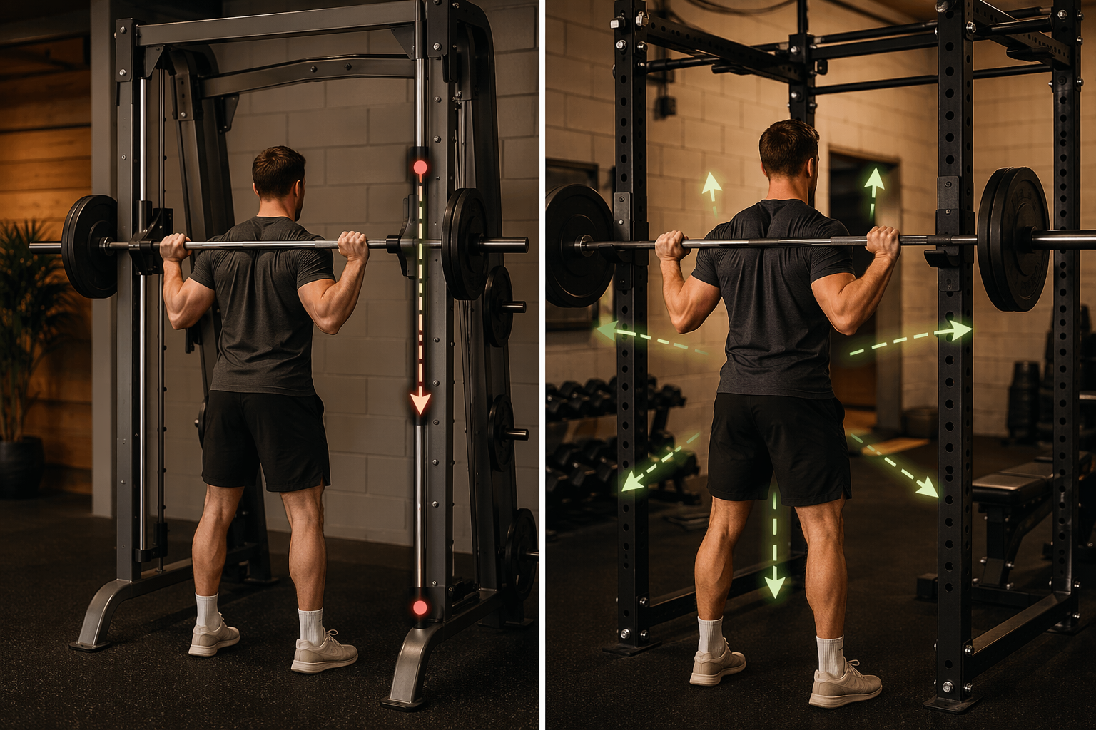 Comparison of a Smith machine guided bar path and a free-weight barbell on power rack J-hooks