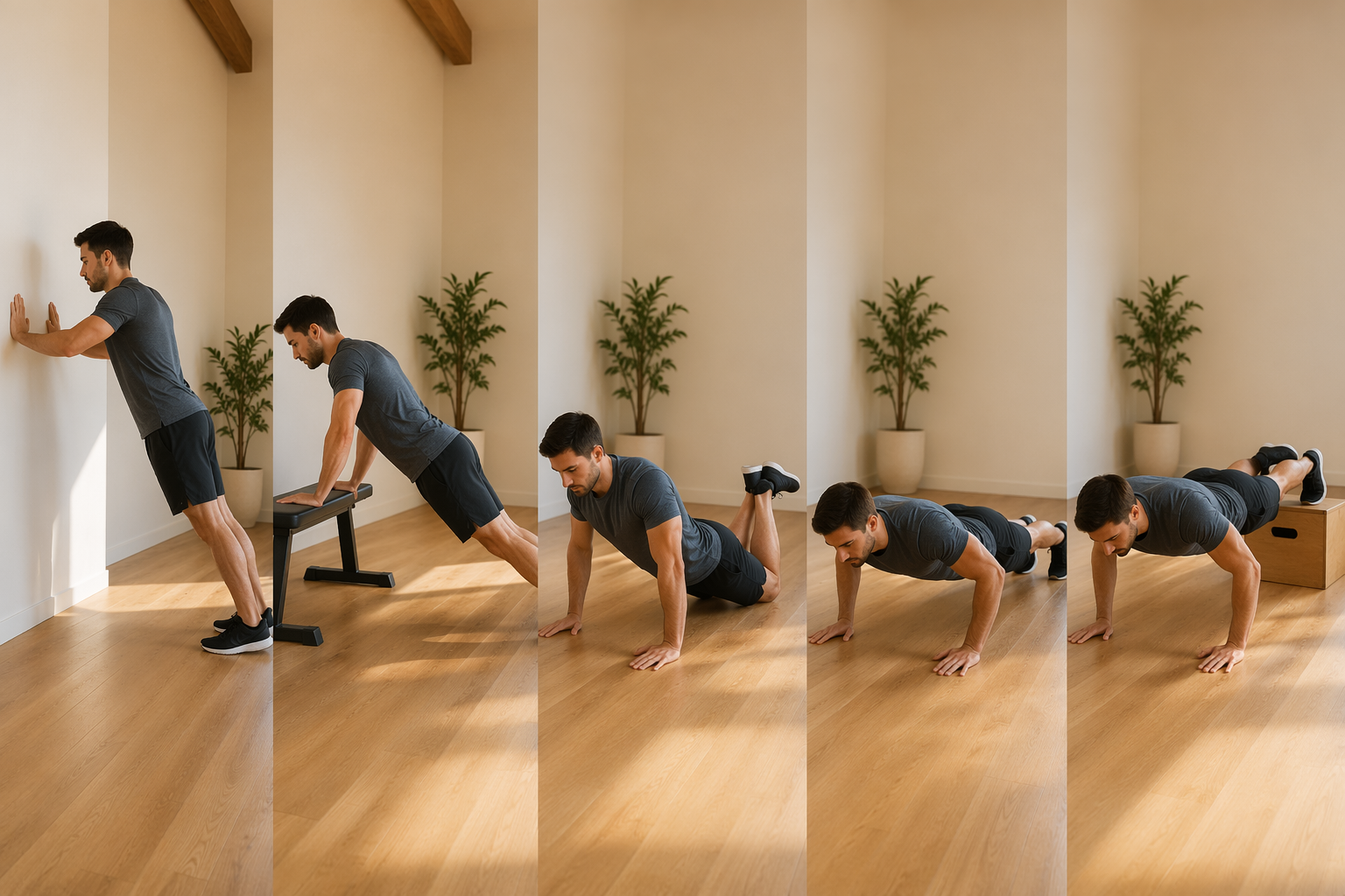 Five-step push-up progression from wall push-up to incline, kneeling, full, and feet-elevated push-up