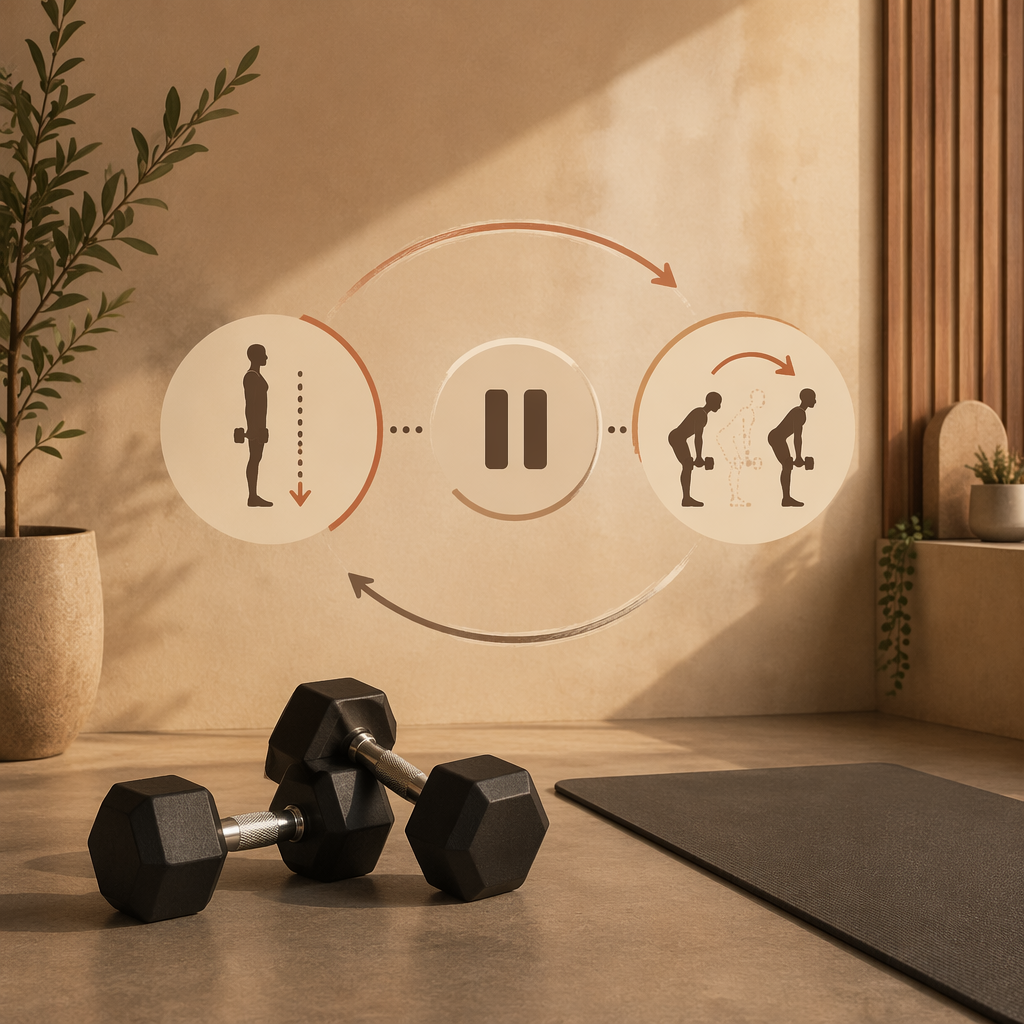 Dumbbells beside a mat with visual cues for slow tempo, pauses, and rep cycles