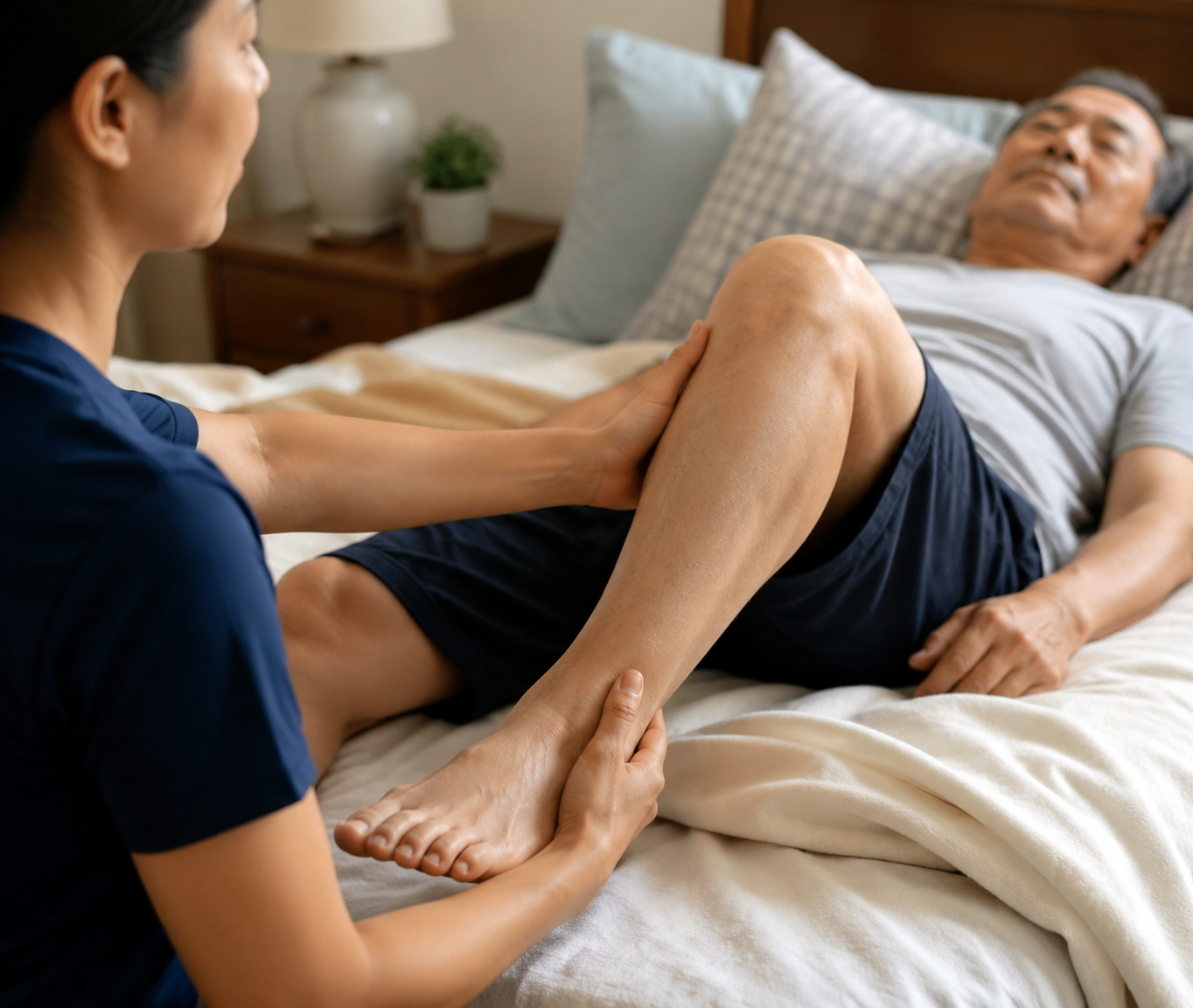 Caregiver supporting a person’s lower leg and ankle during passive range-of-motion exercise in bed