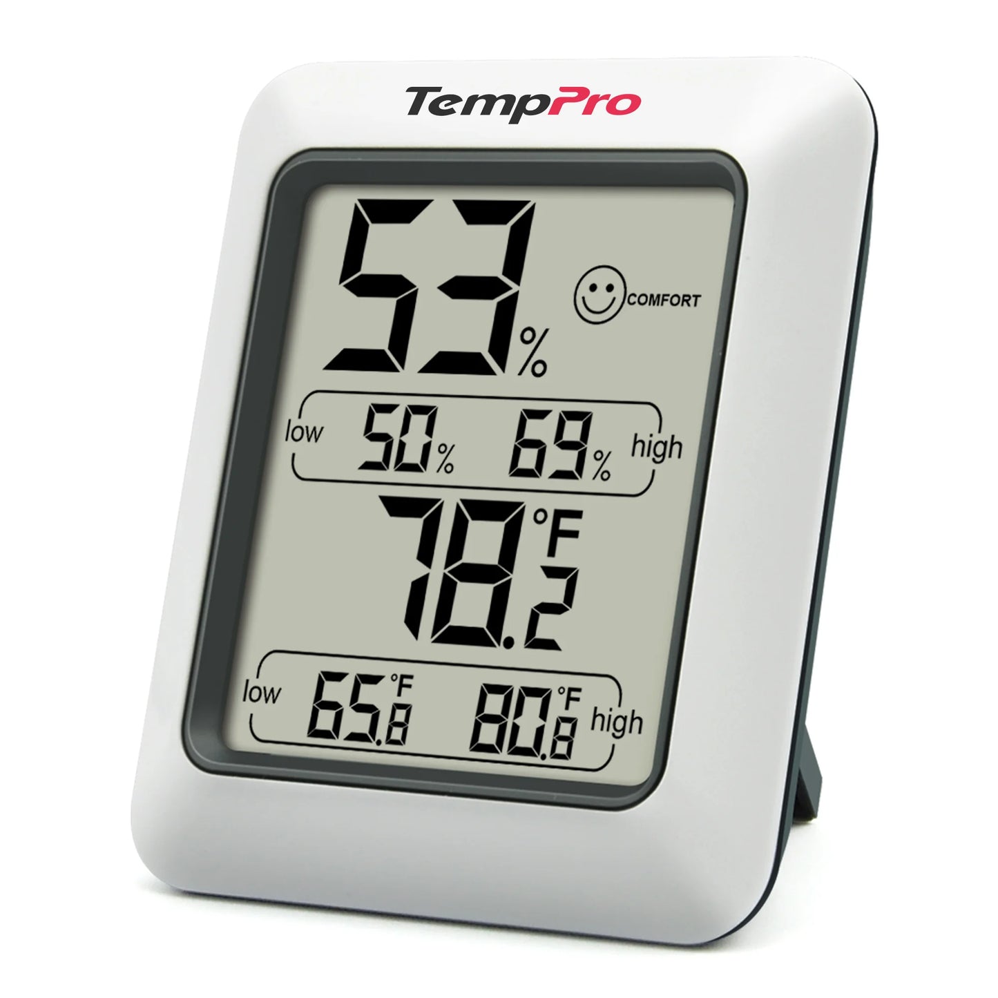 White digital hygrometer displaying indoor temperature and humidity percentage