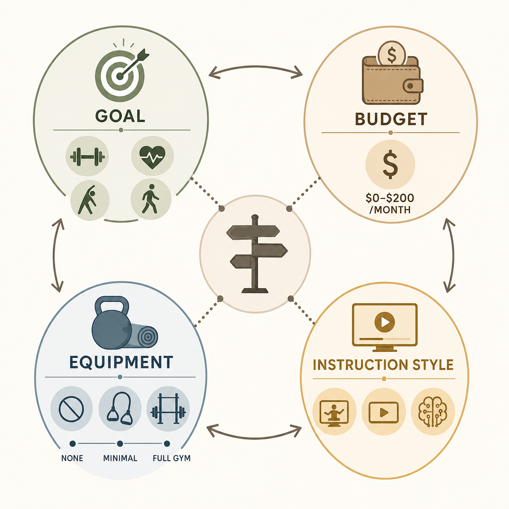 A clean decision framework diagram showing four interconnected dimensions — Goal, Budget, Equipment, and Instruction Style — arranged with soft circular icons, connecting lines, and arrows in a quadrant layout.
