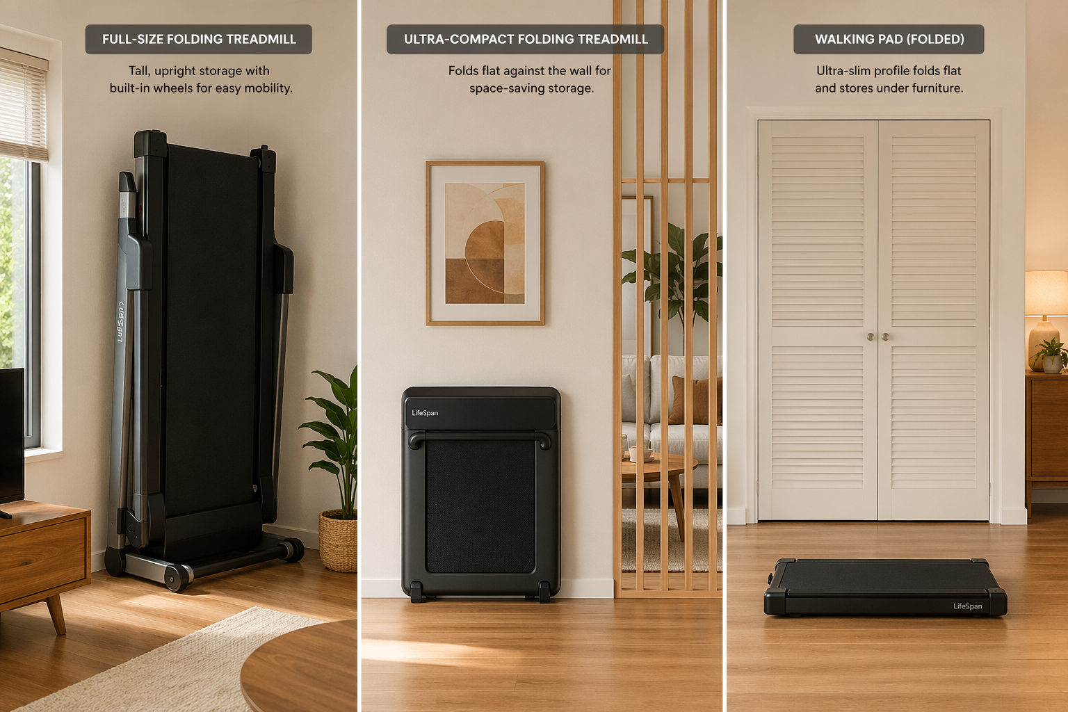 Three folded treadmills in an apartment living room showing different storage profiles: upright, flat against wall, and walking pad on floor.