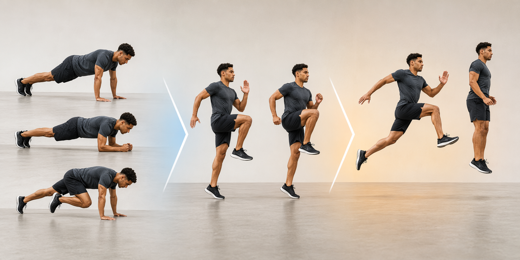 Indoor progression from bodyweight foundation exercises to running drills and plyometric movements