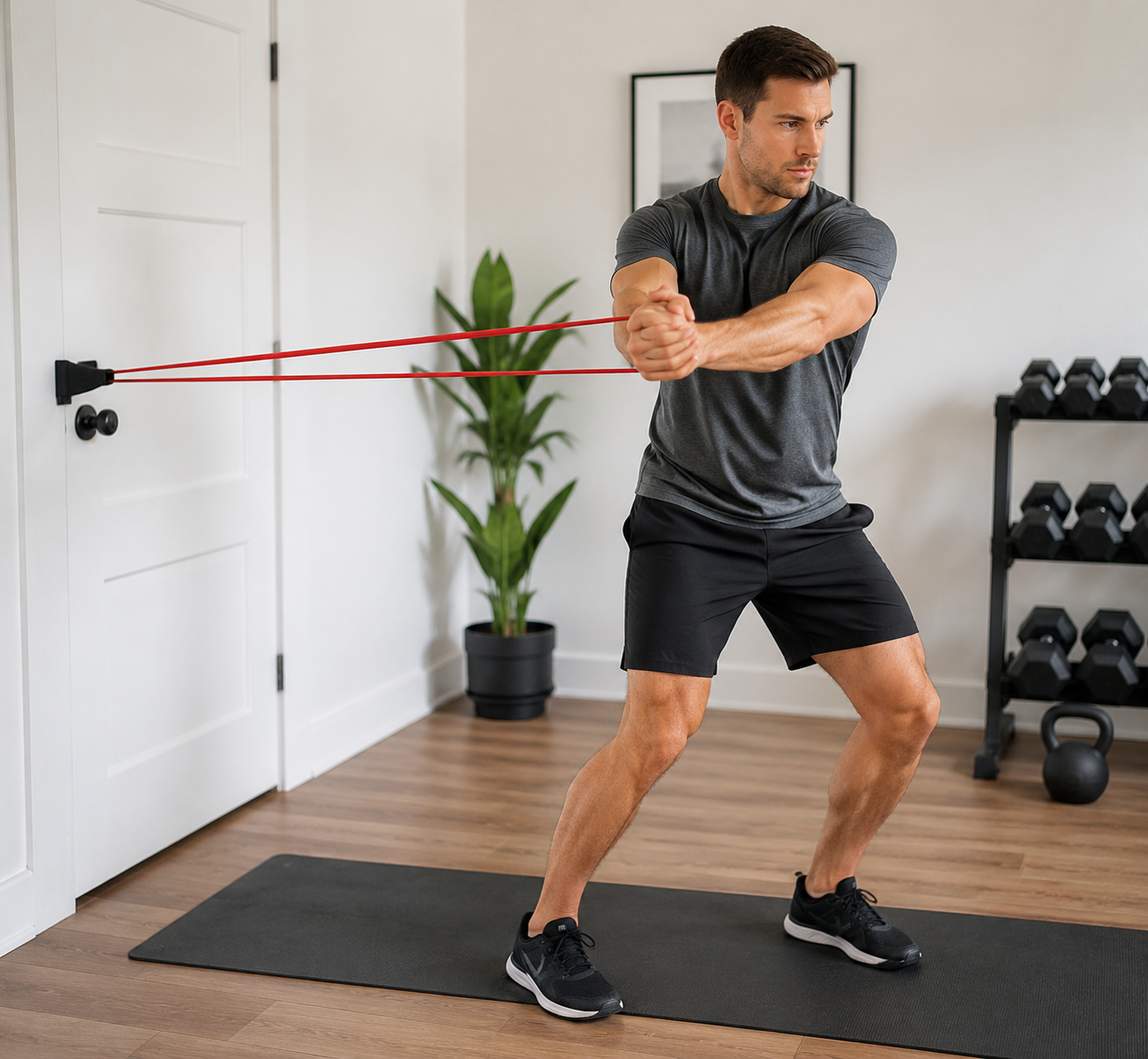 Person holding a door-anchored resistance band in a braced anti-rotation stance at home