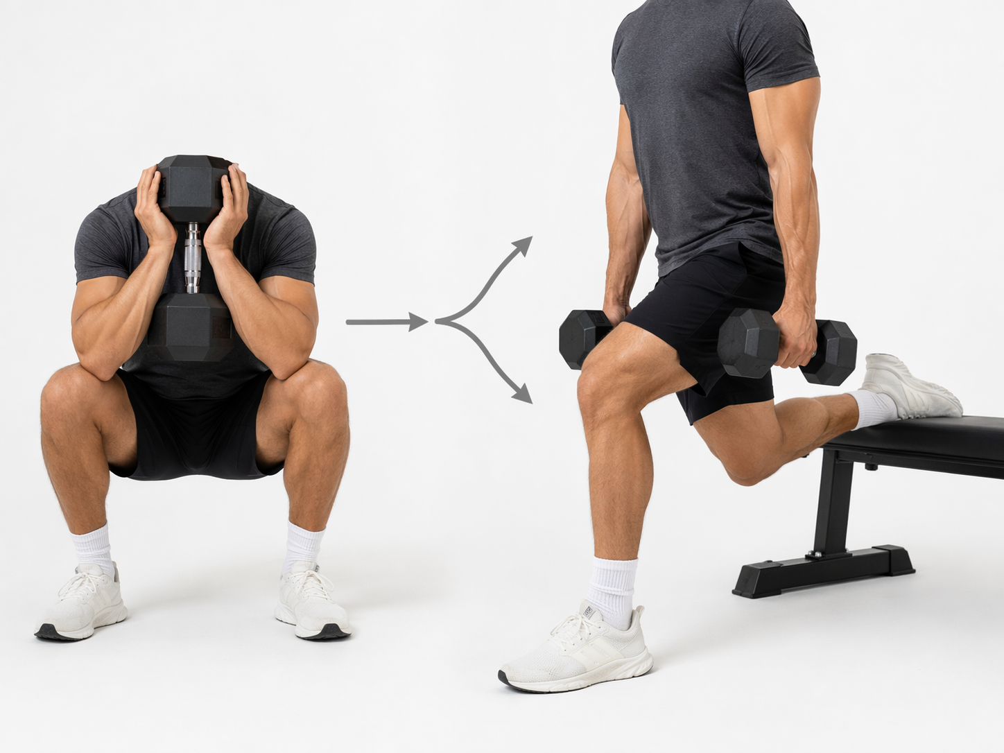 Comparison of a goblet squat and a Bulgarian split squat showing the shift from bilateral to unilateral lower-body loading
