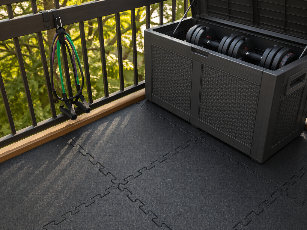 Close-up of a small balcony deck floor covered in black interlocking foam exercise tiles with visible puzzle-edge seams, a dark grey weatherproof deck box against the railing slightly open revealing adjustable dumbbells inside, and a pair of resistance bands hanging from a hook on the railing, in daylight.