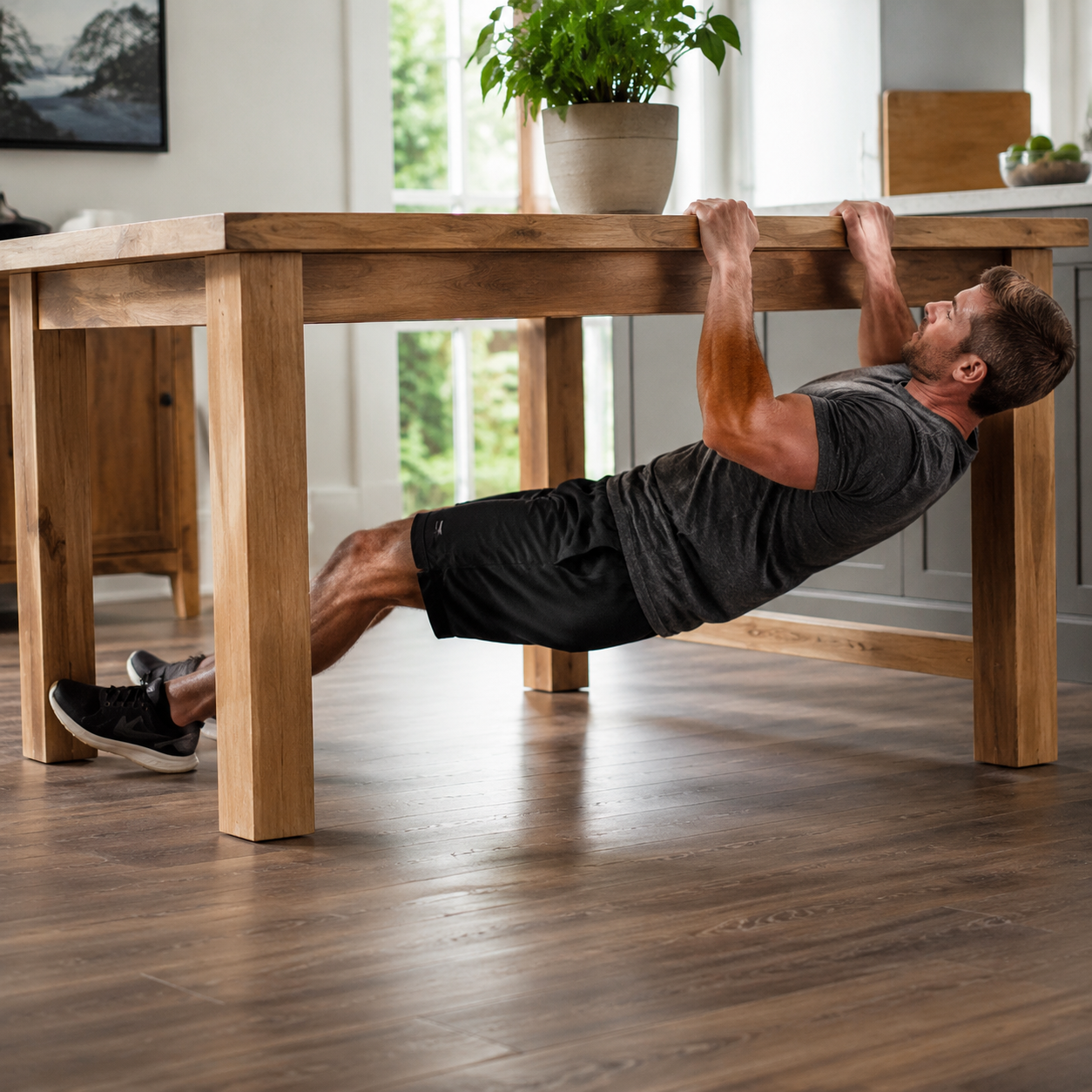 Person performing an inverted row under a kitchen table