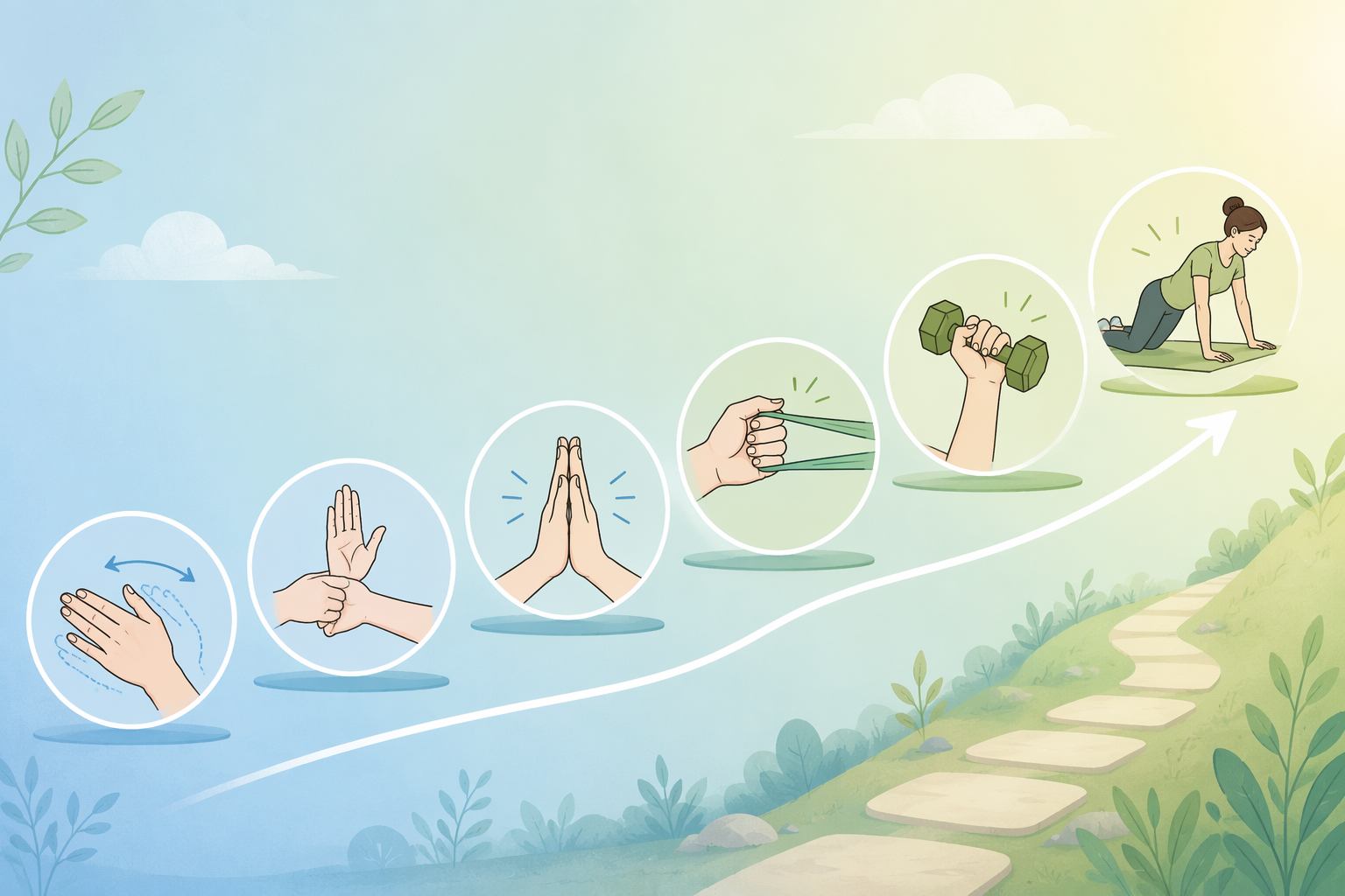 Six-stage wrist recovery pathway from range of motion to modified weight-bearing