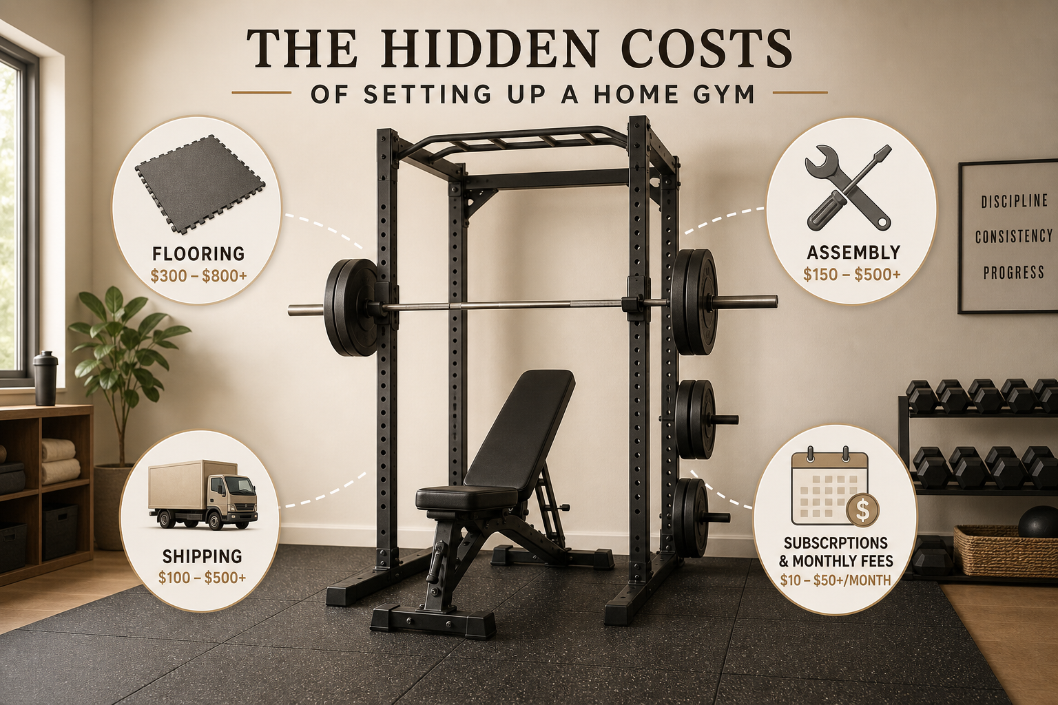 A central home gym equipment setup surrounded by floating icons representing hidden costs: flooring tile, shipping truck, wrench for assembly, and subscription calendar icon, each connected to the gym setup with light dashed lines.