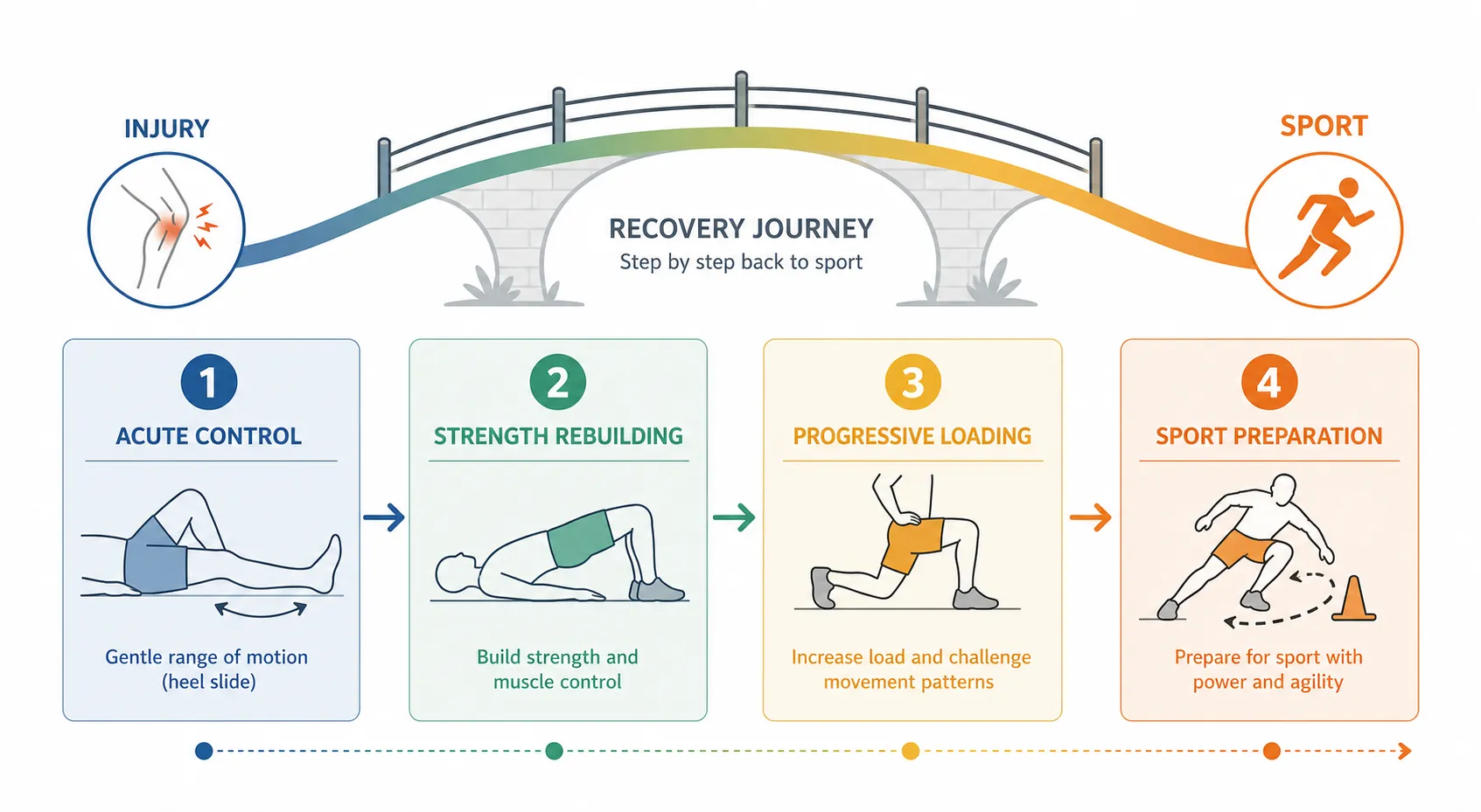 Four-panel phase-based injury recovery progression from acute control to sport preparation