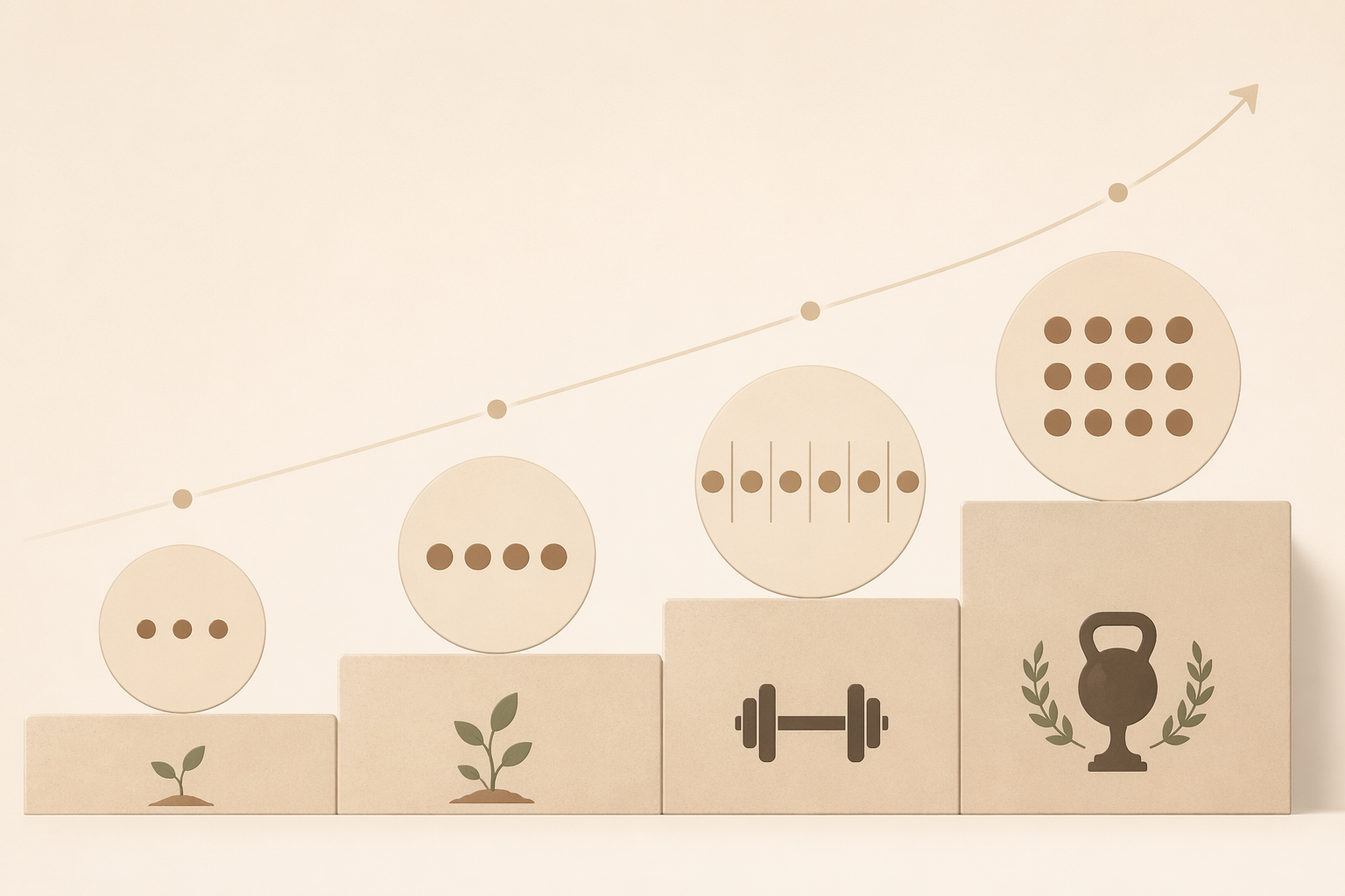 Editorial stair-step graphic showing a progressive four-week workout plan