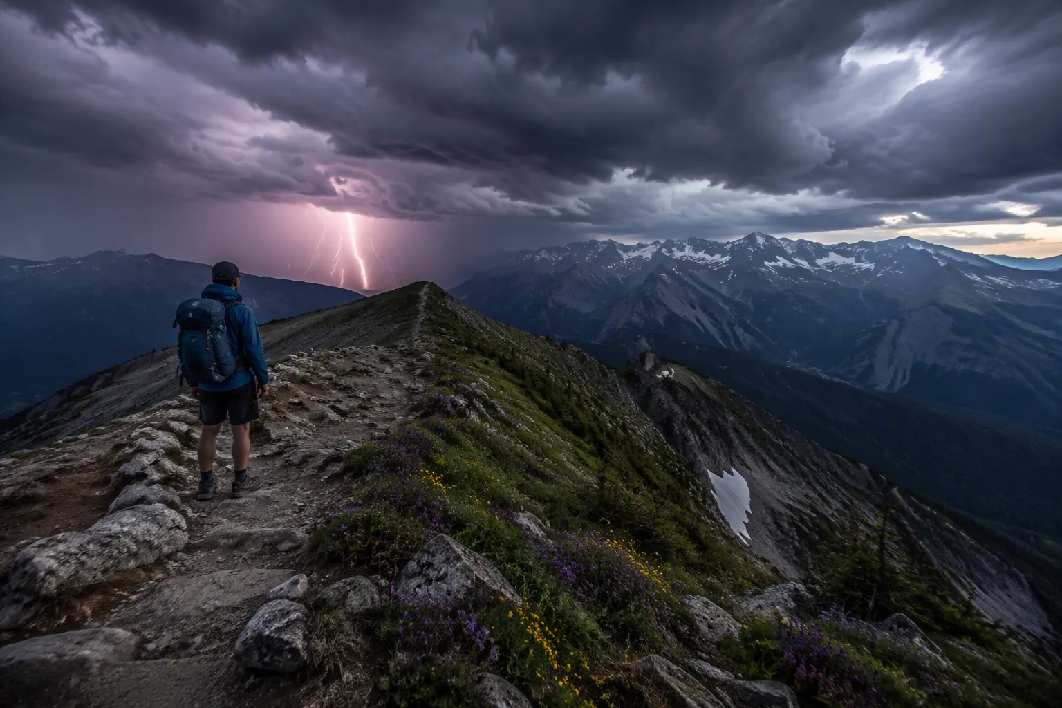 Lone hiker on an exposed alpine ridge looking toward dark storm clouds and lightning