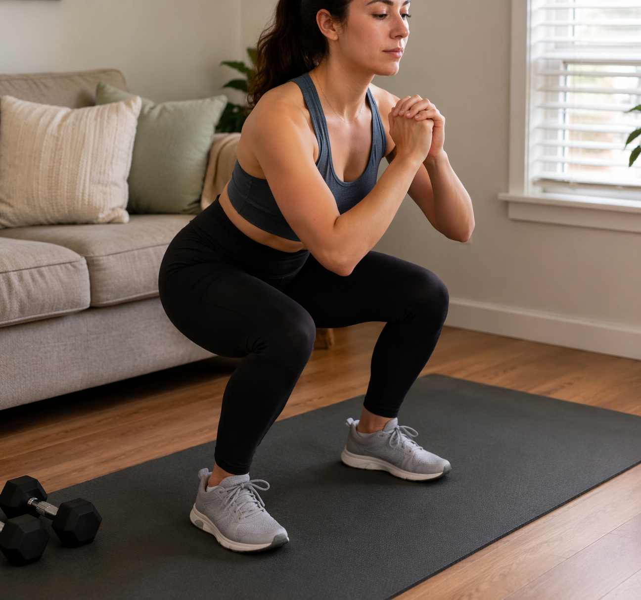 A person in athletic wear performs a bodyweight squat on a mat in a small living room with a couch behind them and a pair of dumbbells to one side, showing a realistic home leg training setup.