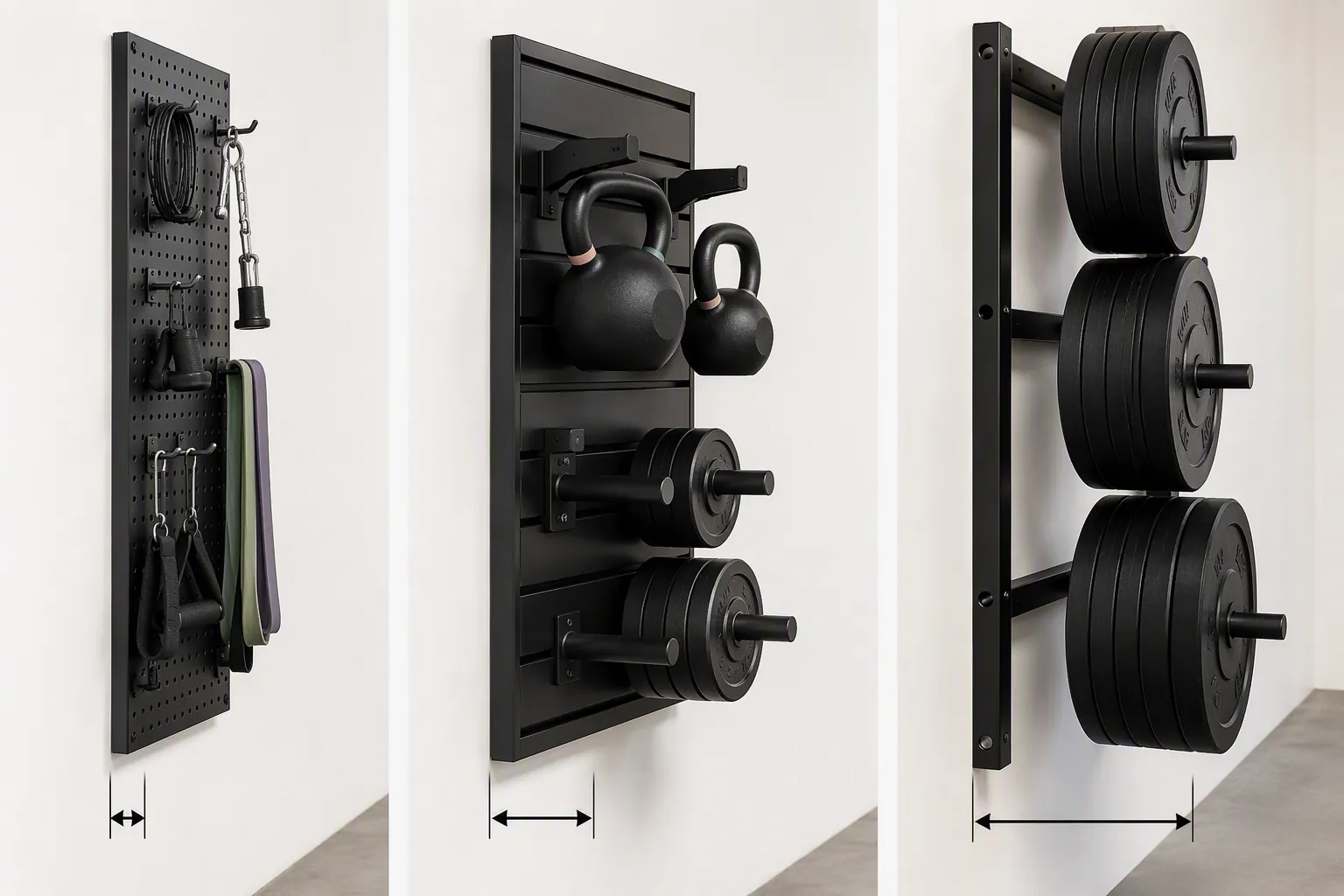 Side view comparing a thin metal pegboard, deeper slatwall storage, and a wall-mounted plate rack protruding from a wall