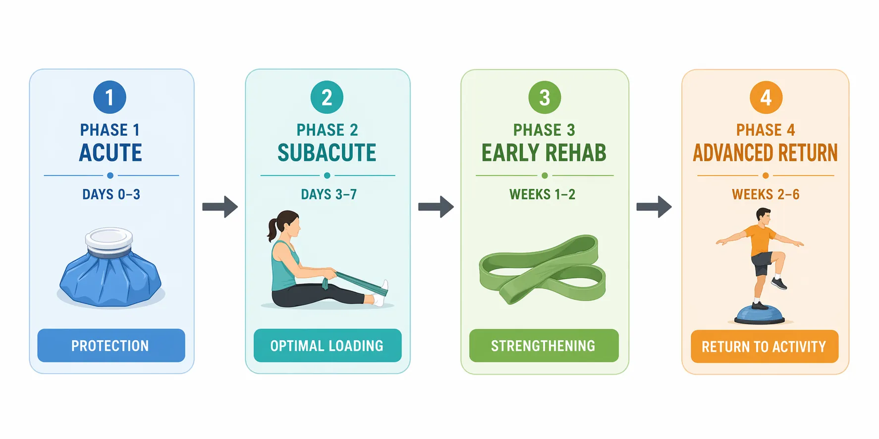 Four-phase ankle sprain recovery timeline from acute days 0 to 3 through advanced return weeks 2 to 6