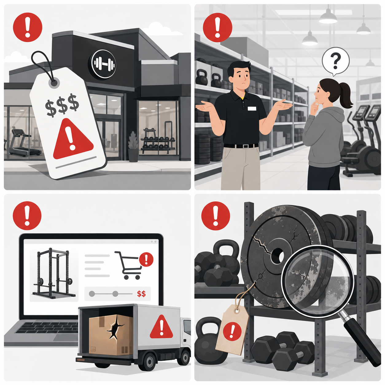 Four-panel flat vector grid showing fitness equipment shopping red flags: premium storefront with oversized price tag, big-box aisle with shrugging salesperson, laptop with damaged box symbol, and used equipment rack with cracked weight plate and magnifying glass.