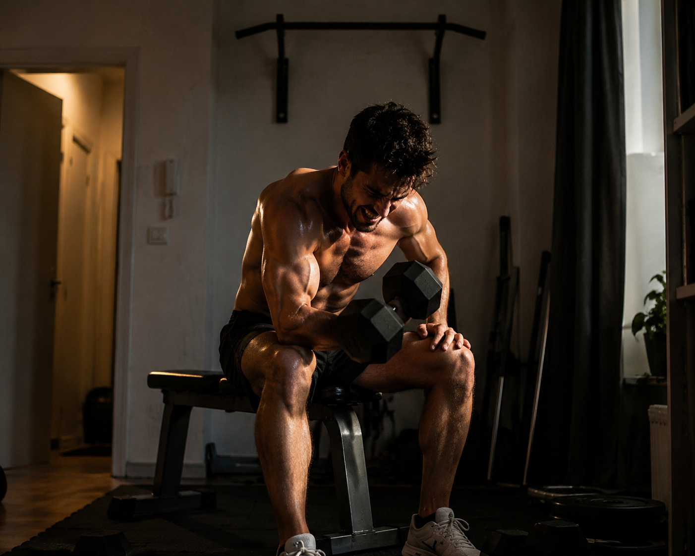 Solo athlete training intensely in a compact apartment home gym with dumbbells, bench, and pull-up bar