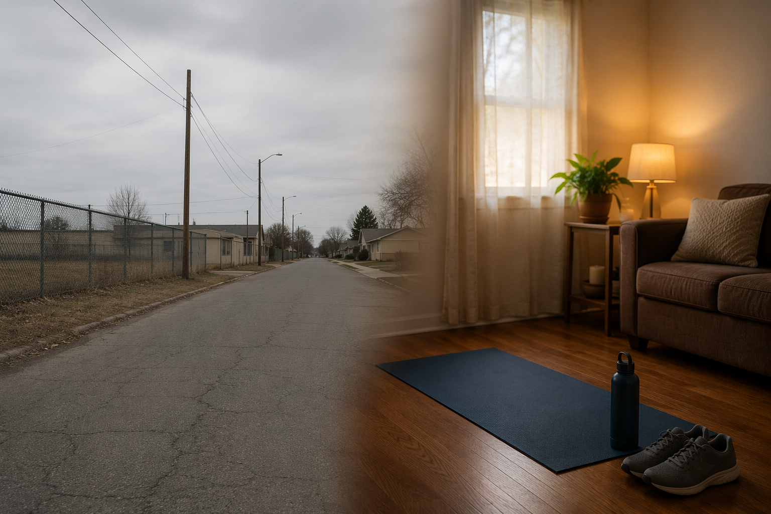 A car-dependent street contrasted with a prepared indoor workout corner