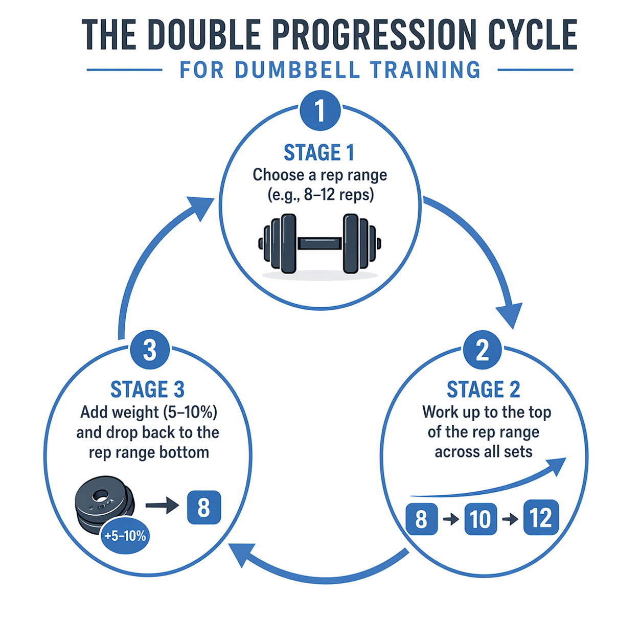 Editorial circular-flow infographic on white background: Stage 1 (choose rep range, e.g. 8–12 reps) with dumbbell icon, Stage 2 (work up to top of range across all sets) with upward arrow and rep progression 8→10→12, Stage 3 (add 5–10% weight and drop back to rep range bottom) with weight-increment icon. Curved arrows connect stages. Muted blue and slate gray flat vector.
