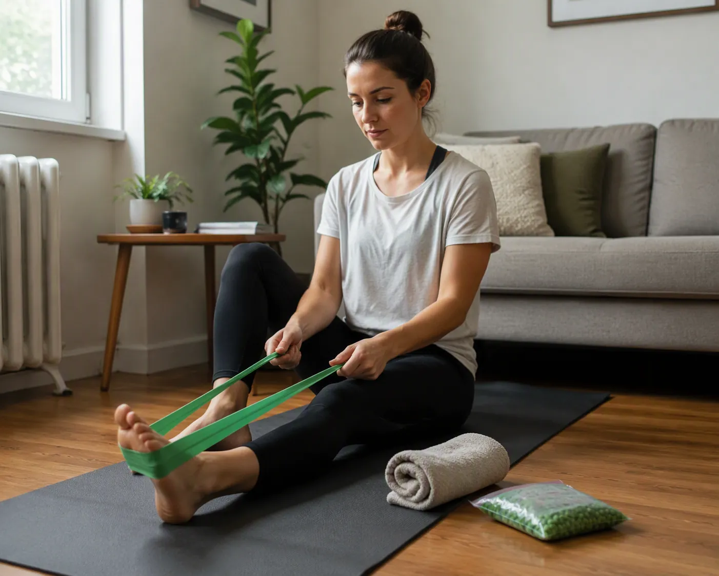 A person doing ankle rehabilitation exercises on a yoga mat in a small apartment living room with a towel, resistance band, and frozen peas nearby
