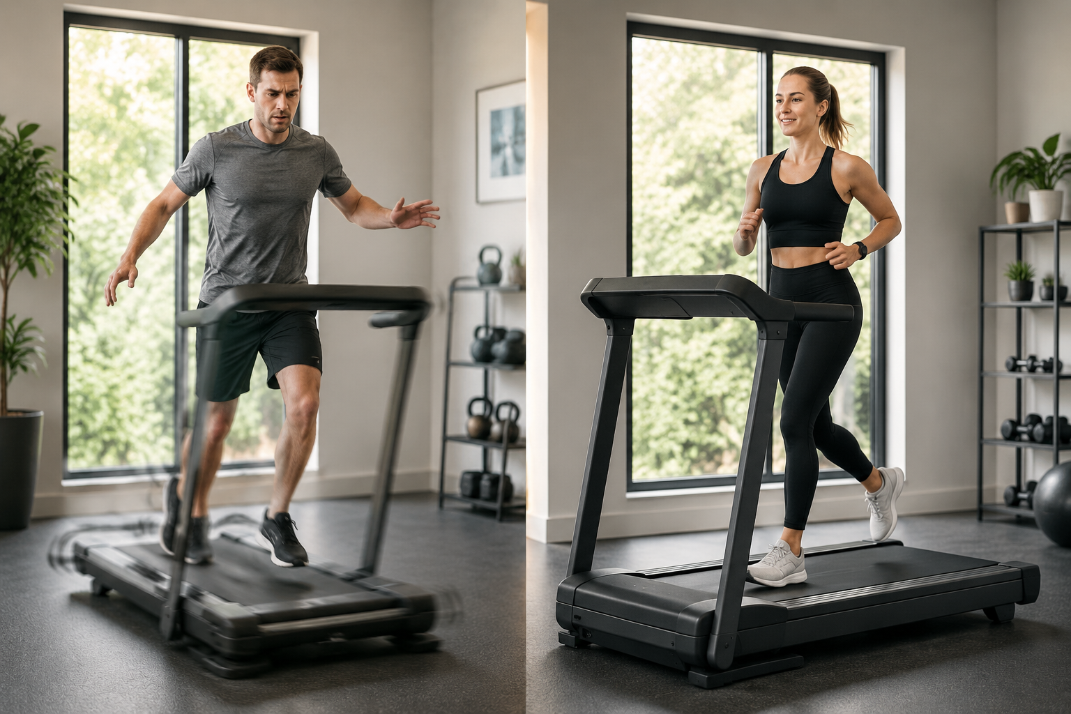 Lightweight treadmill frame wobbling beside a heavier treadmill frame staying stable at running speed