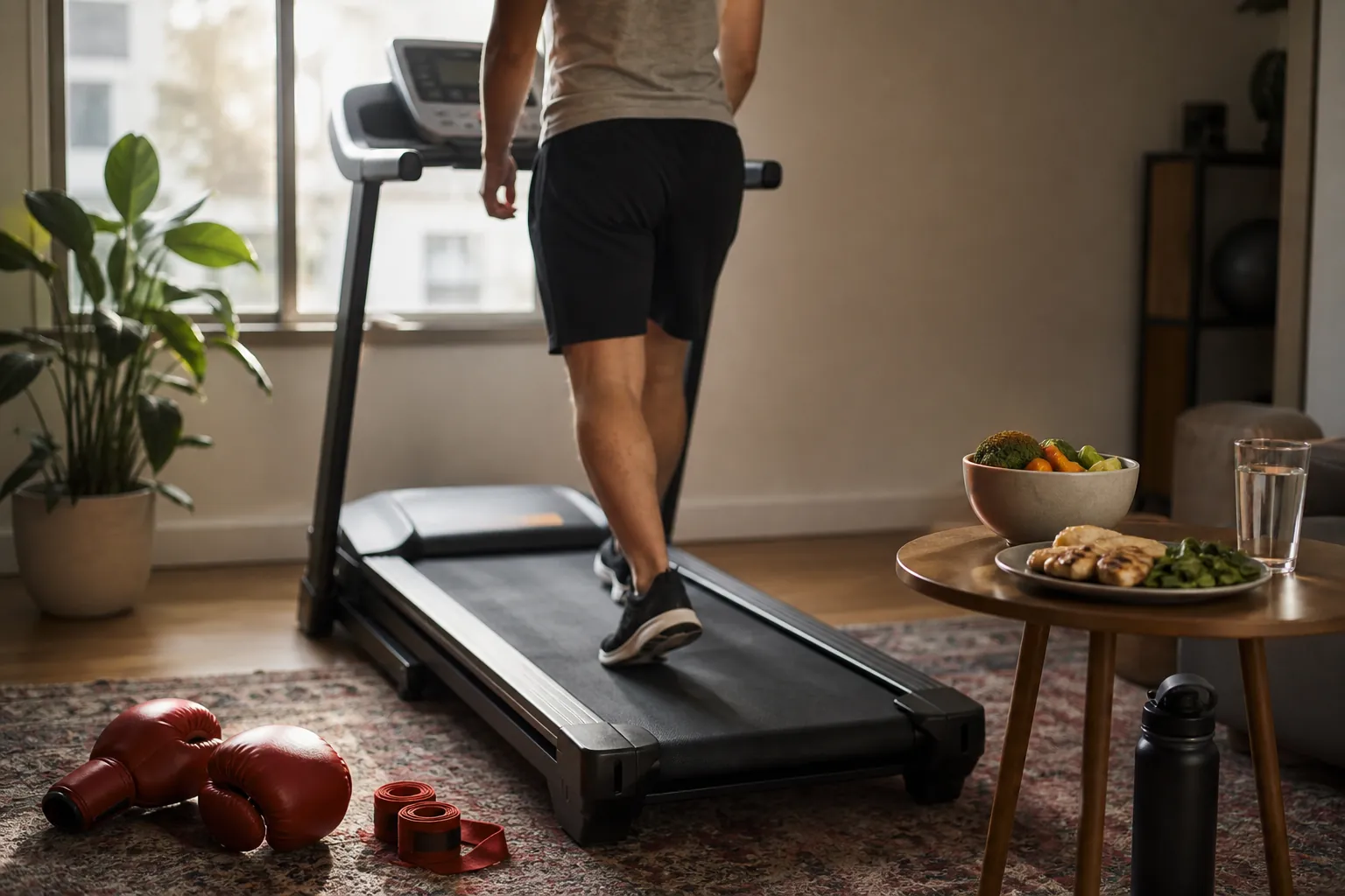 Home treadmill with boxing gloves and a portioned meal showing a simple daily weight loss routine