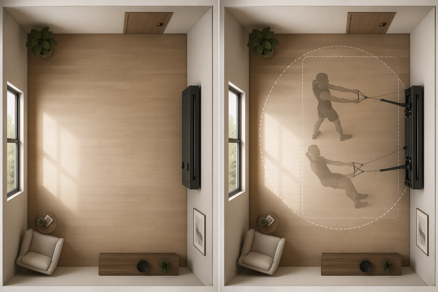 A split-view editorial illustration of the same room with a wall-mounted gym unit. The left side shows the unit at rest with nearly the entire room clear. The right side shows the same unit in use with dashed clearance zones and a person doing cable exercises.