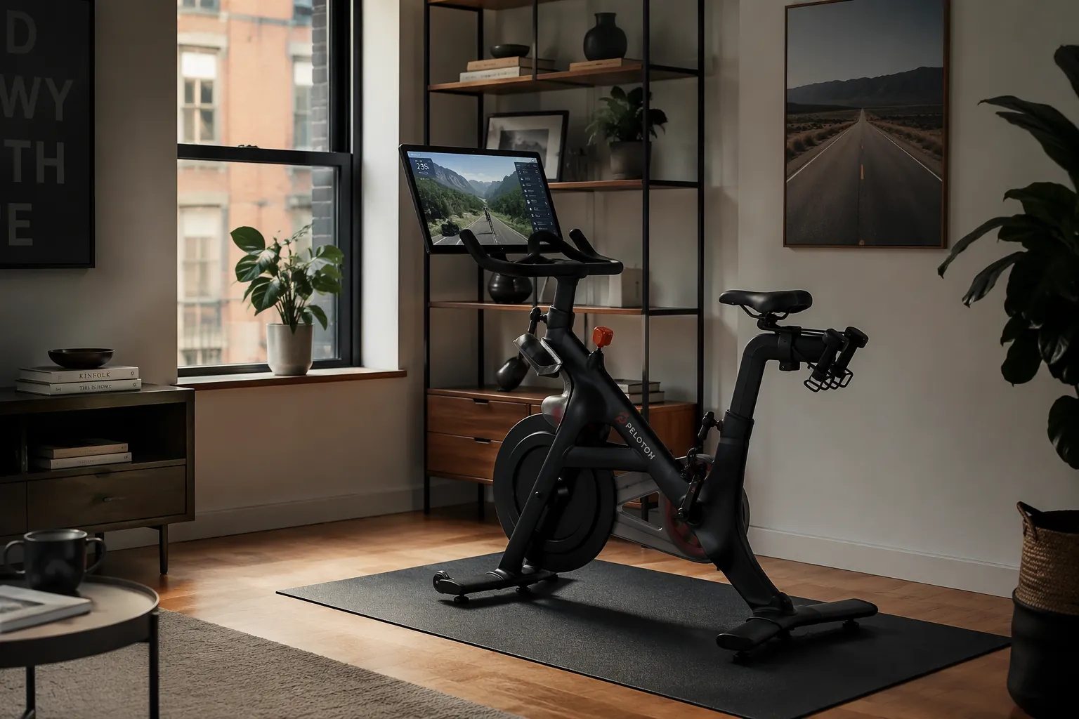 Apartment exercise bike on a black foam mat beside a window with a scenic ride displayed on a tablet