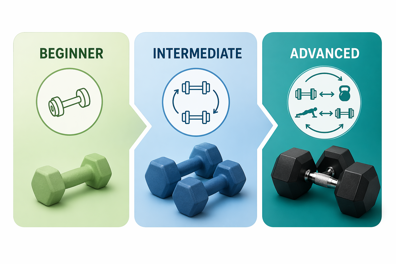 Three panels side by side showing a green Beginner panel with a light dumbbell, a blue Intermediate panel with medium dumbbells, and a teal Advanced panel with heavier dumbbells and superset arrows.