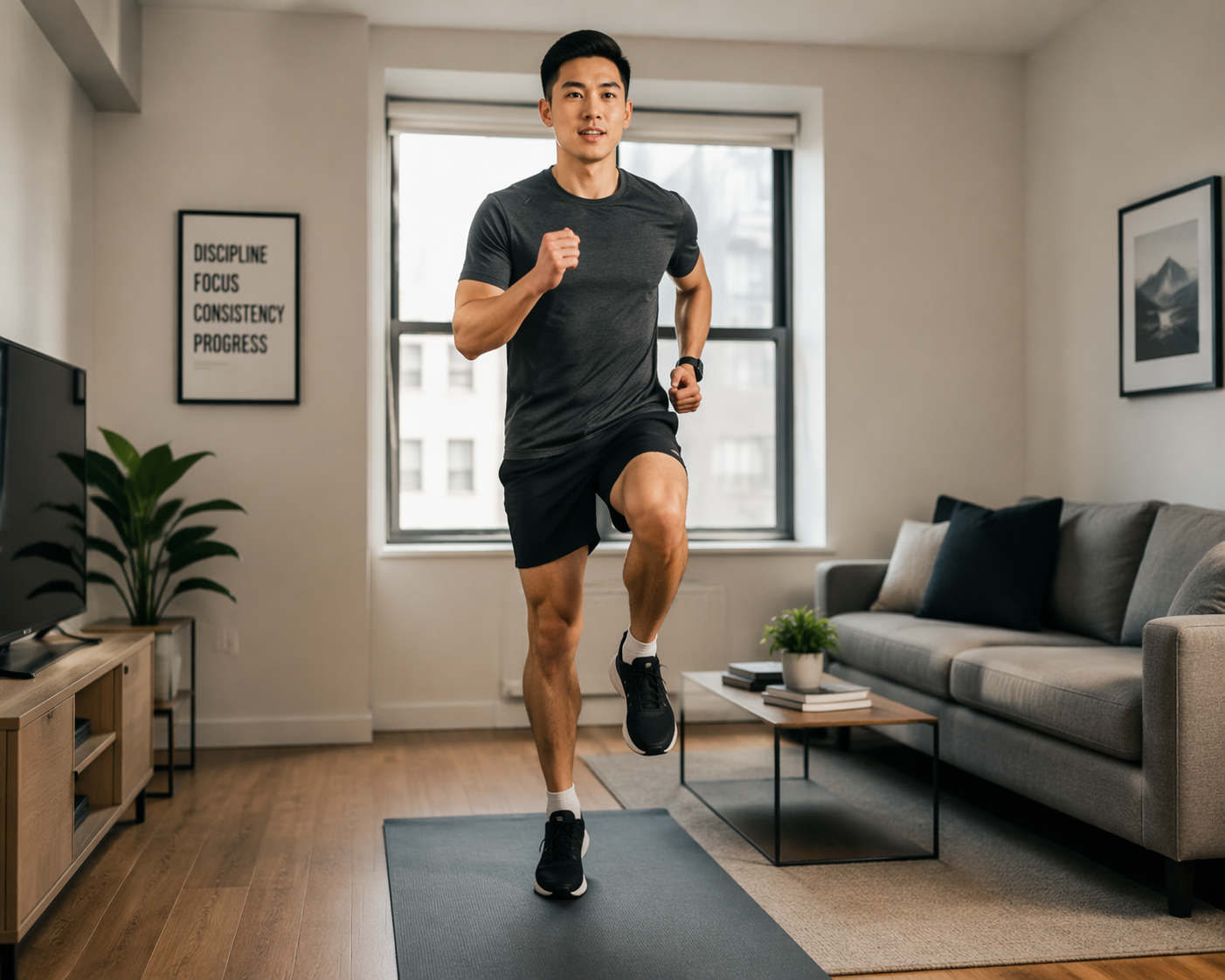 A person running in place on a yoga mat in a compact apartment living room with no treadmill