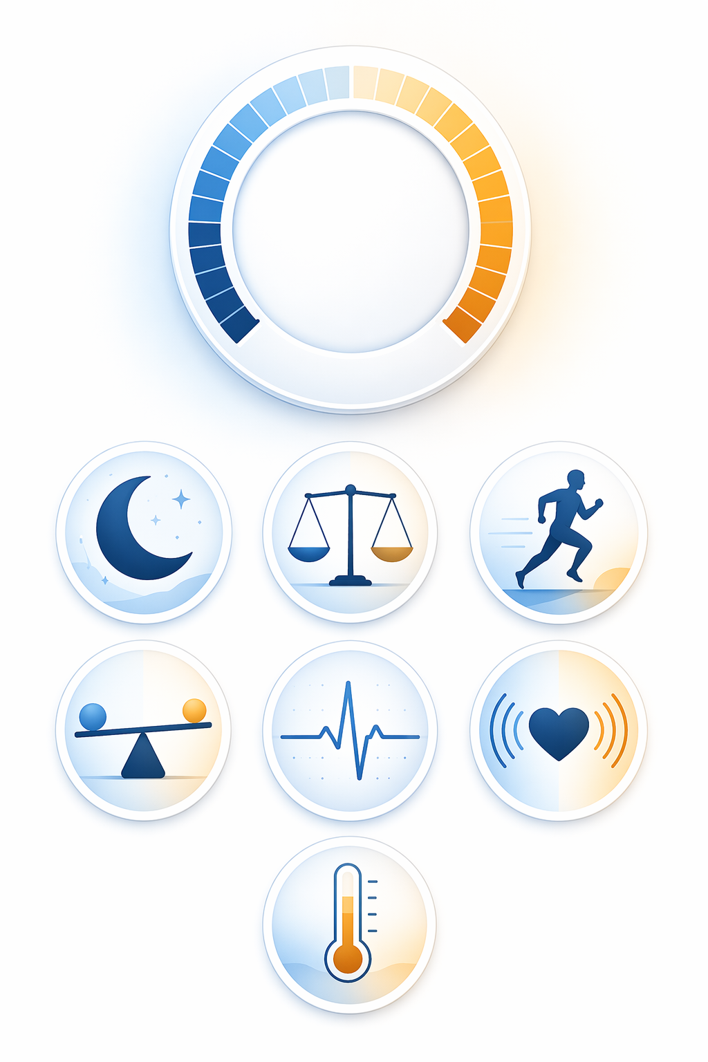 An editorial illustration showing seven circular icons arranged in a balanced layout representing the Oura Readiness Score contributors: a moon for sleep, a balance scale for sleep balance, a running figure for activity, a see-saw for activity balance, a heartbeat line for RHR, a heart with wave lines for HRV balance, and a thermometer for body temperature, with a circular gauge indicator above them all.