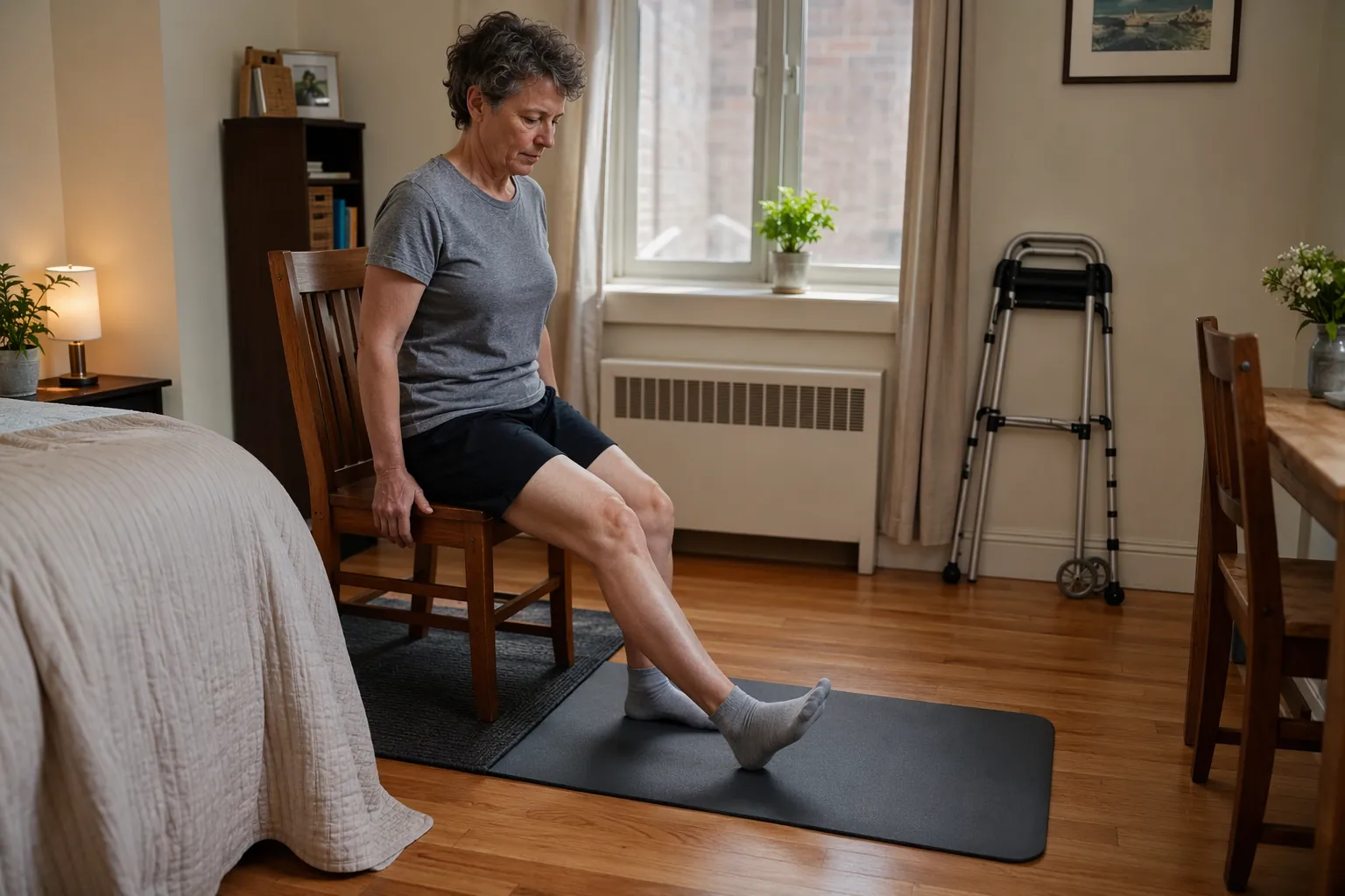 A small apartment recovery zone with a stable chair, thick mat, folded walker, and non-slip floor protection beside a bed