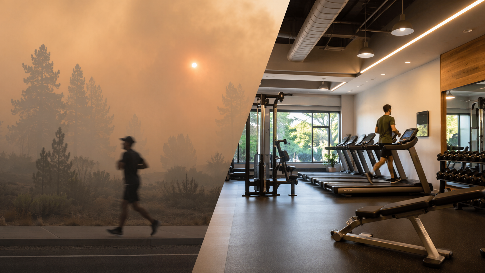 Smoky outdoor running scene contrasted with a clean indoor gym workout area