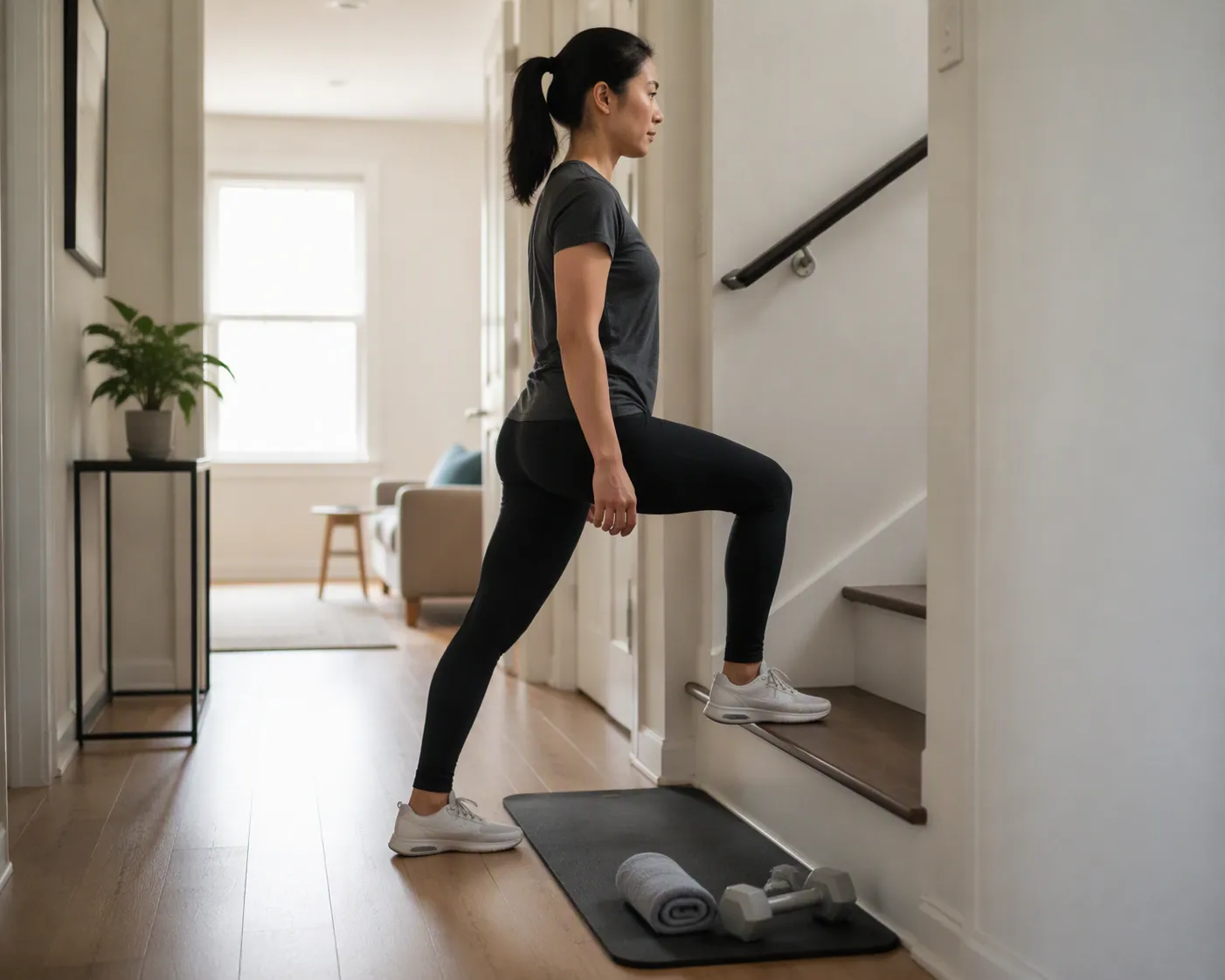 Person doing a single-leg step-up onto a low stair in a home hallway with a mat and towel nearby