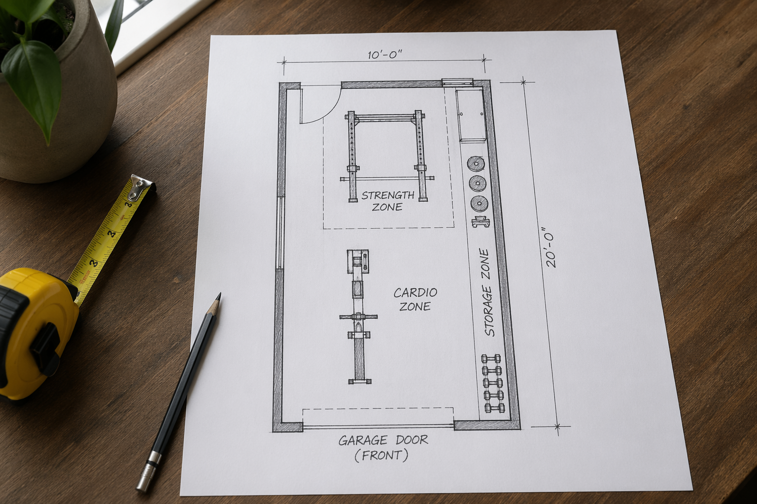 A top-down floor plan sketch on graph paper showing a single-car garage layout approximately 10x20 feet, with three labeled zones: a strength zone outlined with a power rack rectangle, a cardio zone with a rower outline, and a wall storage zone along one side, with a tape measure and pencil beside the paper on a wooden desk.