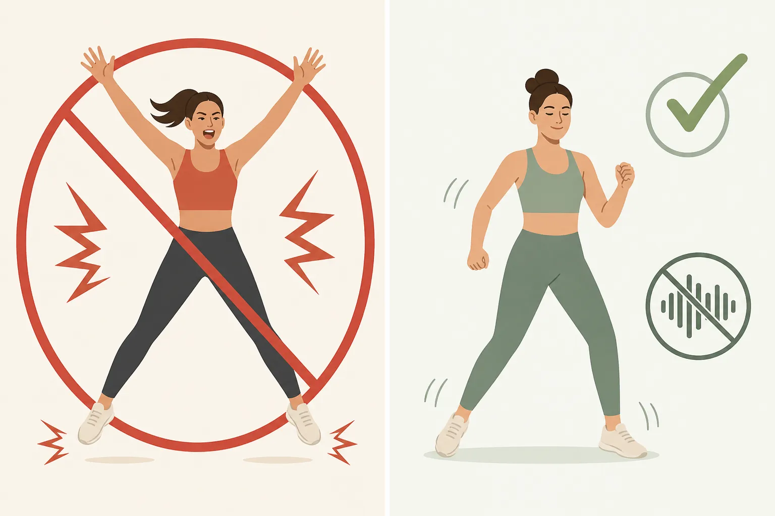 Illustration comparing a loud jumping jack with a quiet step jack