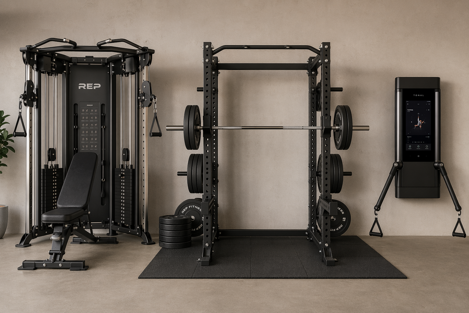 A flat-lay composite photograph showing three home gym system types side by side on a light-gray garage floor: a compact all-in-one functional trainer with weight stacks and bench on the left, a heavy-duty power rack with barbell and weight plates in the center, and a sleek wall-mounted smart gym with touchscreen display on the right.