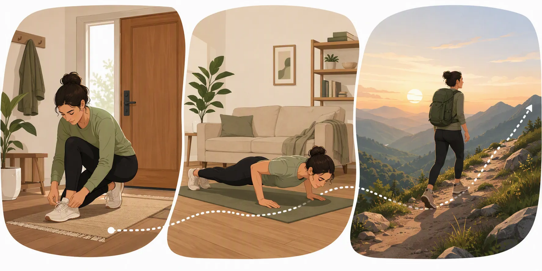 Three-stage home fitness progression from tying walking shoes to push-ups to hiking on a trail