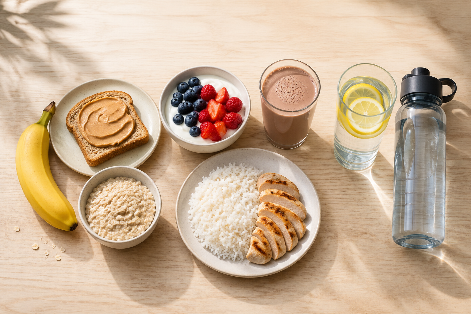 Flat lay of pre-workout foods, post-workout foods, and hydration items on a wooden table