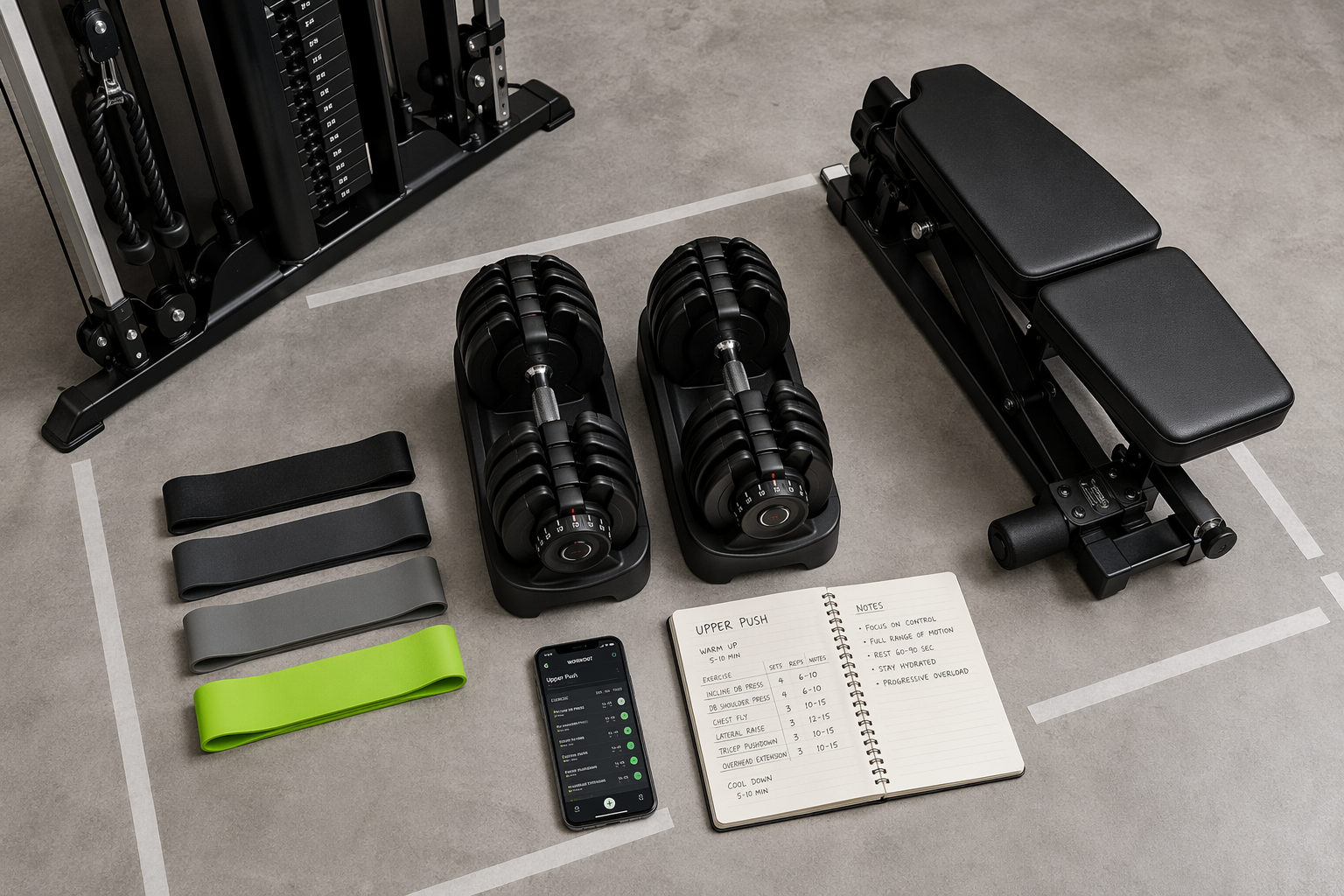 8-Week Compact Home Gym Strength Program: Build Muscle with Adjustable Dumbbells, Bands, and a Cable Tower