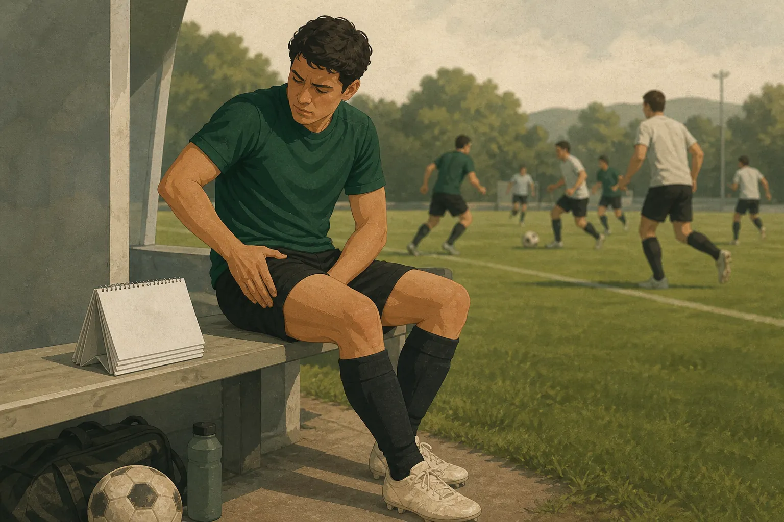 Recreational soccer player sitting on a sideline bench holding the inner thigh with calendar pages nearby