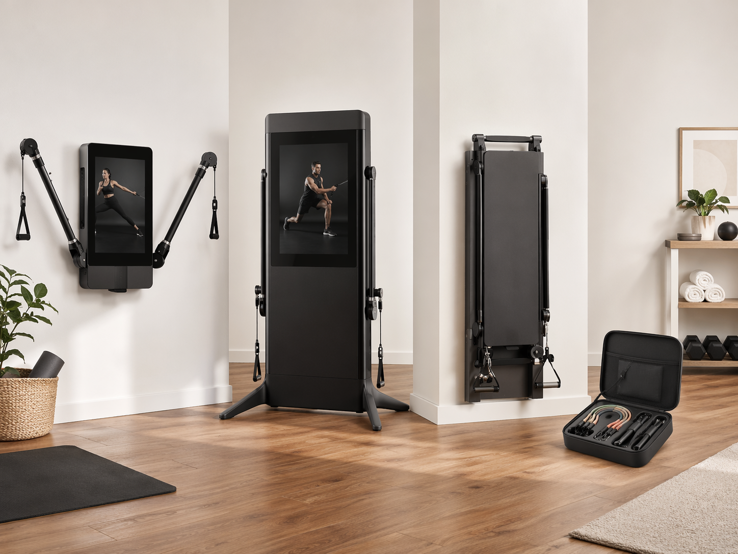 Four smart home gym form factors including wall-mounted, freestanding, foldable, and portable systems