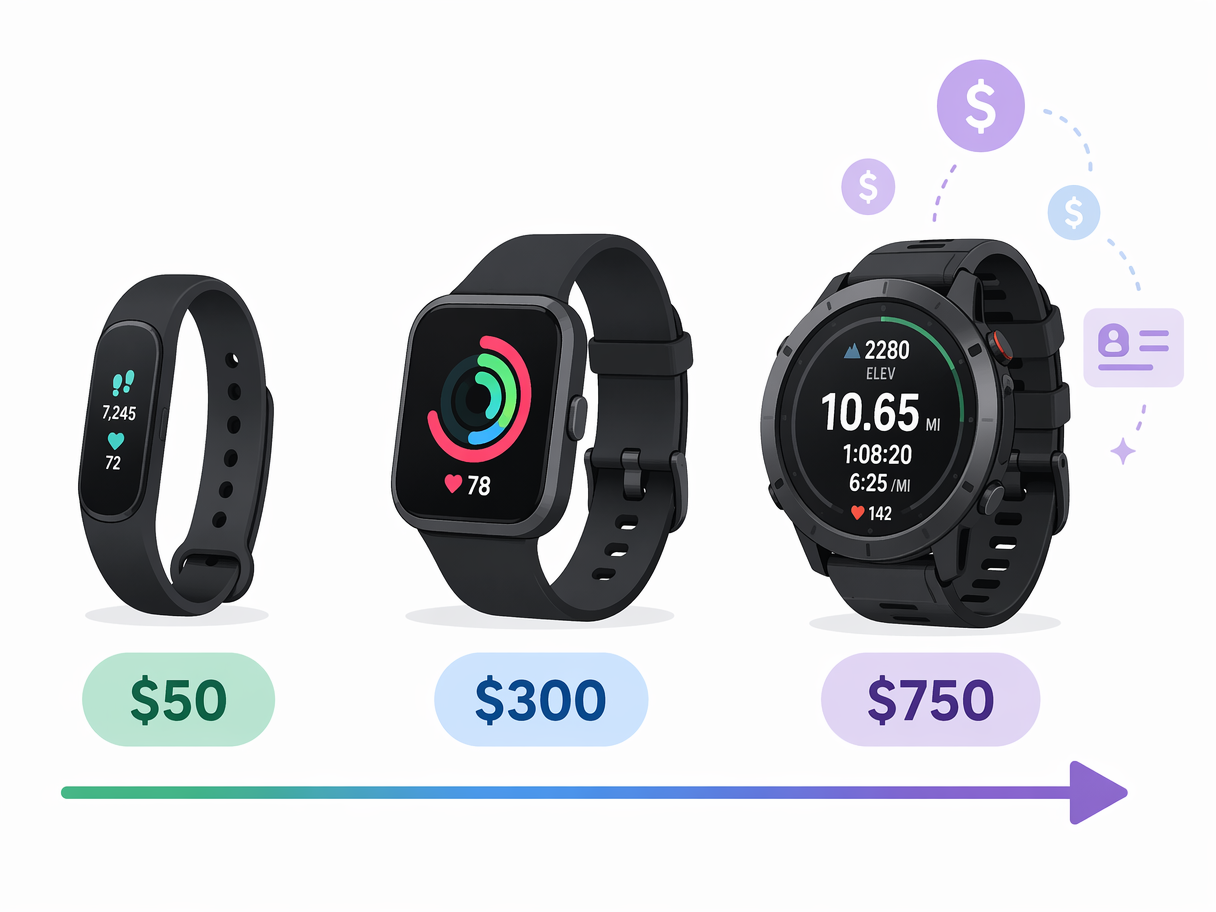 Price spectrum illustration showing three devices from left to right: a small fitness band with a $50 badge, a smartwatch with a $300 badge, and a premium GPS sports watch with a $750 badge, connected by a horizontal arrow from low to high cost.