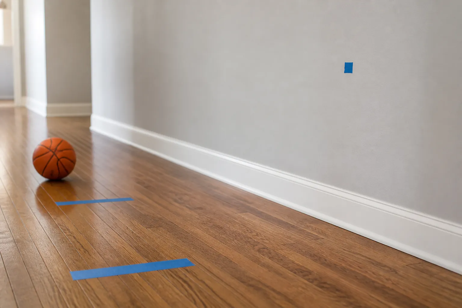 Tape target and distance lines on a hallway wall for at-home basketball passing drills