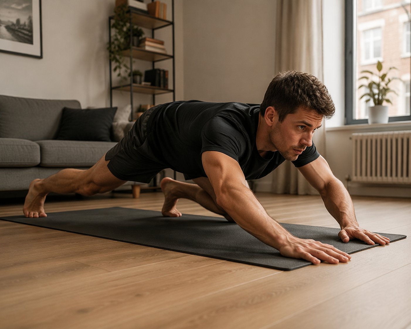 A person performing an explosive sprawl on a yoga mat in a small apartment living room